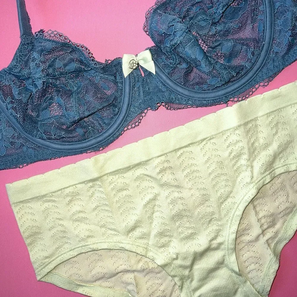 NWT Victoria's Secret unlined 34C BRA SET M Panty TEAL blue yellow lace BODY by